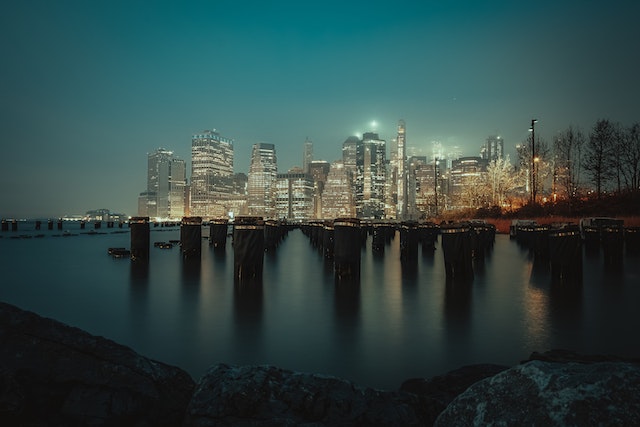 Buildings near the water at the night