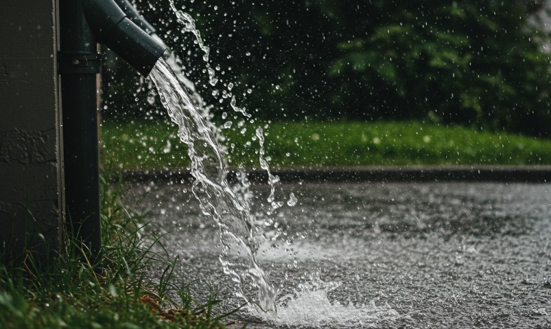 Water gushing from a downspout onto a wet pavement