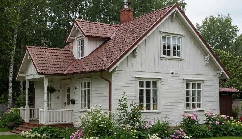 Classic white siding and a reddish-brown tiled roof