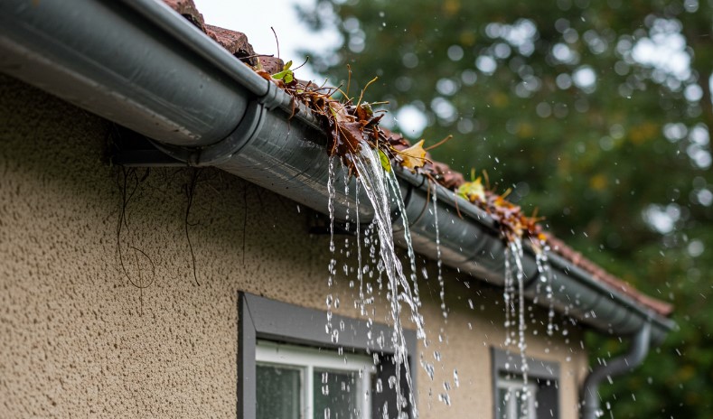 Water cascades down a clogged gutter