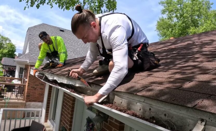 Rooftop maintenance in progress. Two workers diligently cleaning out gutters