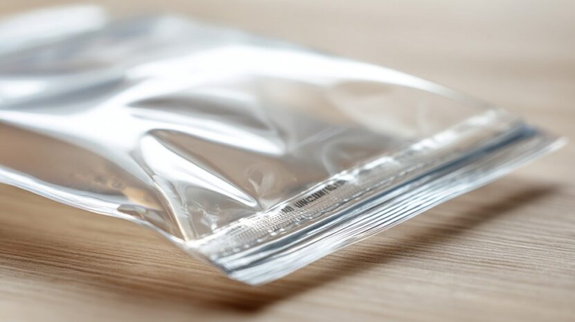 Clear sealed poly bag lying on a table, showing tight closure and transparent protective packaging