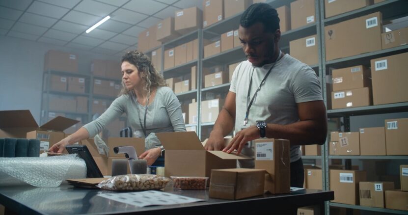Two warehouse workers packing and preparing products at a worktable surrounded by labeled boxes