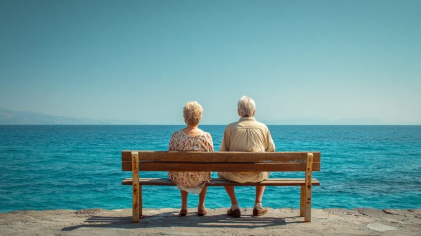 Older couple sitting on a bench by the ocean, looking out at the water