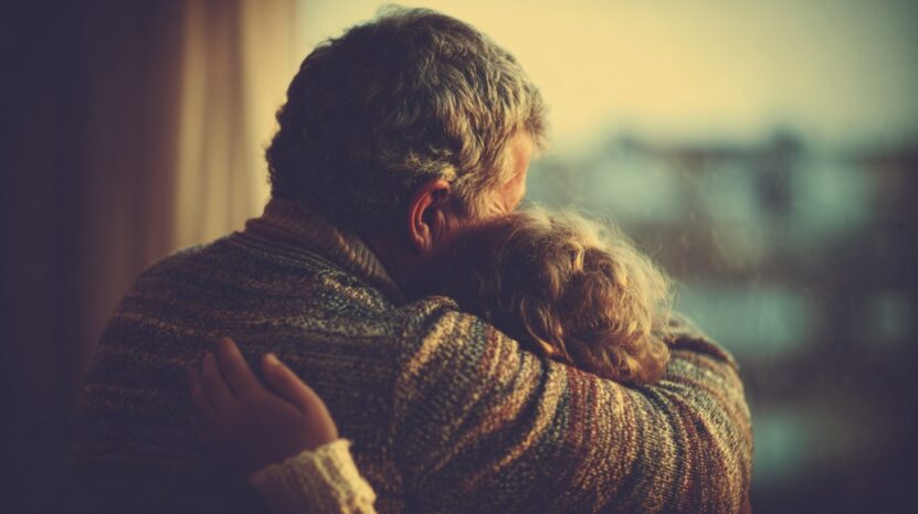 Adult embracing a child in a quiet moment, symbolizing family care and support