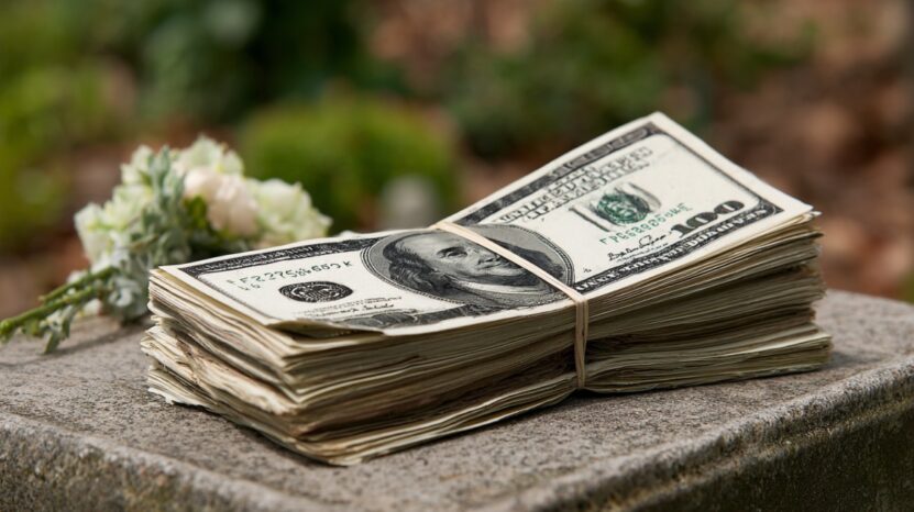 Stack of cash placed beside flowers, symbolizing funeral and estate-related costs