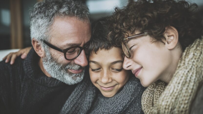 Close-up of two adults and a child sharing a warm family moment together